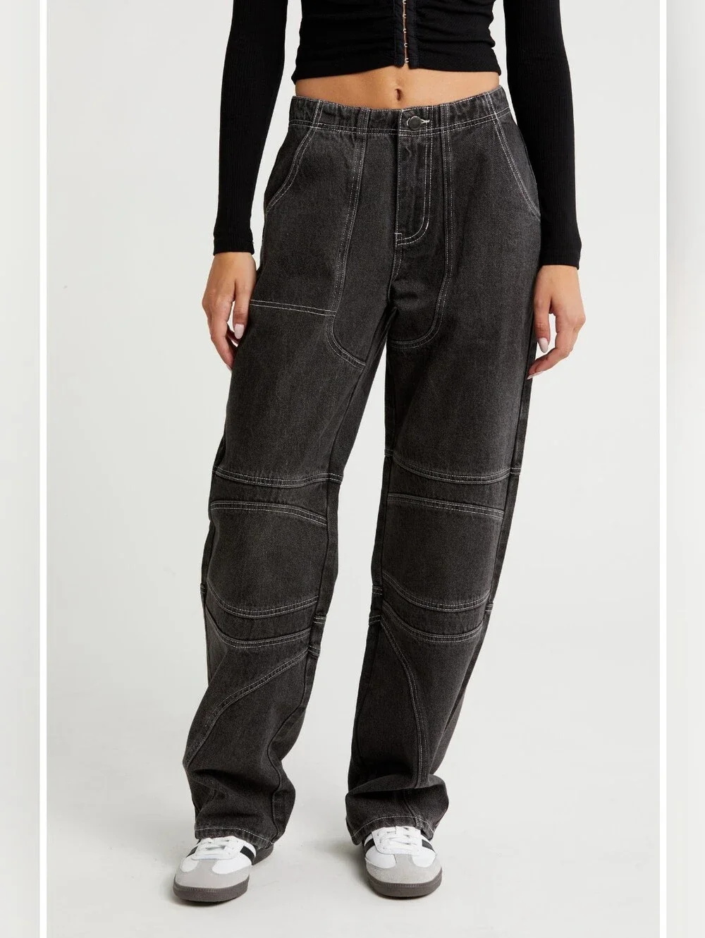 PTCL Moto Pop Stitch High Waist Straight Leg Baggy Jeans Black Rinse